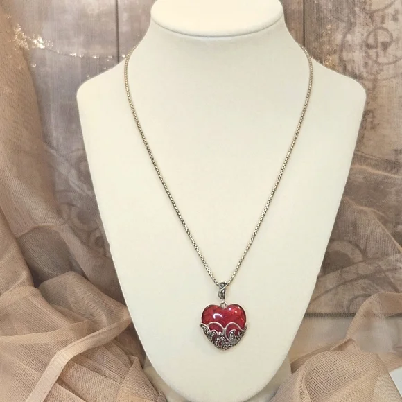 Ross Simons Vintage Sterling Silver 80s Marcasite & Red Glass Heart Pendant ONLY - Picture 2 of 8